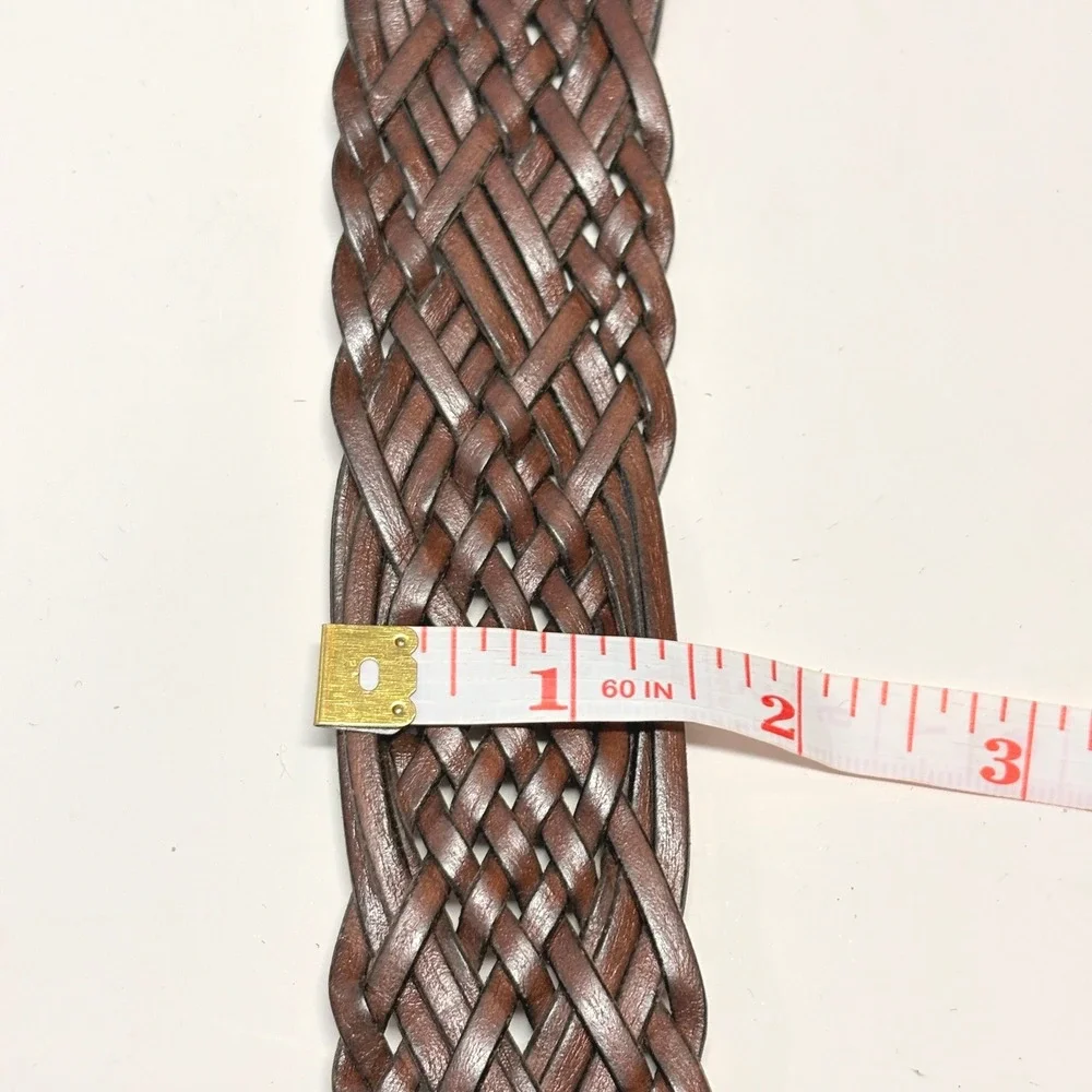 Womens Brown Braided Woven Leather Belt Large Brass Buckle Boho Western Classic